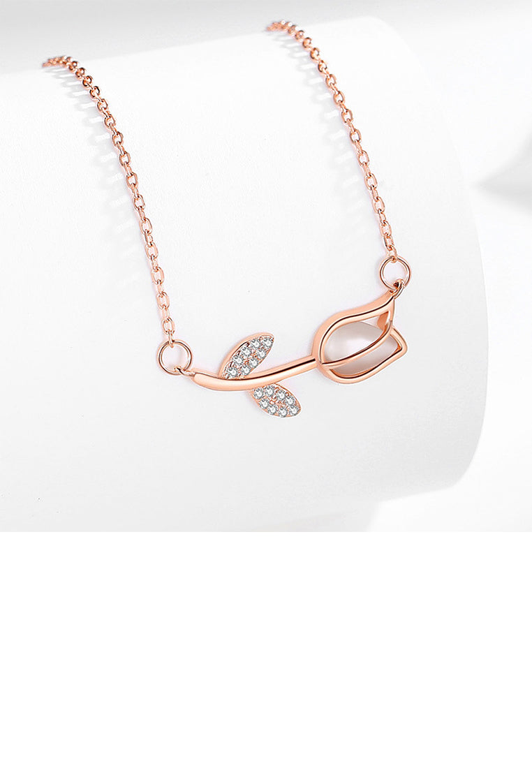 925 Sterling Silver Plated Rose Gold Simple Temperament Tulip Pendant with Cubic Zirconia and Necklace - Luxurious Look
