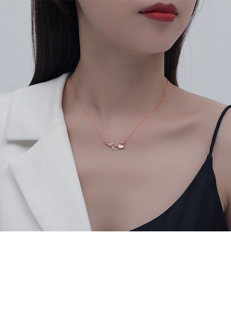 925 Sterling Silver Plated Rose Gold Simple Temperament Tulip Pendant with Cubic Zirconia and Necklace - Luxurious Look
