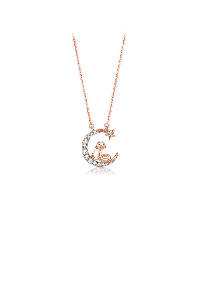 925 Sterling Silver Plated Rose Gold Fashion Simple Twelve Zodiac Snake Moon Pendant with Cubic Zirconia and Necklace - Luxurious Look