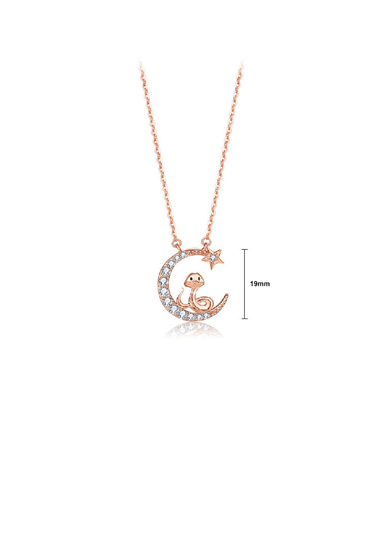 925 Sterling Silver Plated Rose Gold Fashion Simple Twelve Zodiac Snake Moon Pendant with Cubic Zirconia and Necklace - Luxurious Look