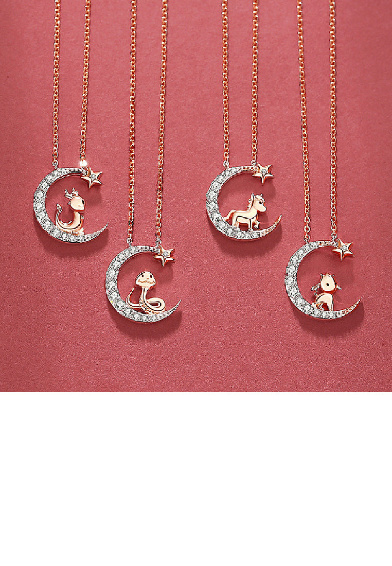 925 Sterling Silver Plated Rose Gold Fashion Simple Twelve Zodiac Snake Moon Pendant with Cubic Zirconia and Necklace - Luxurious Look