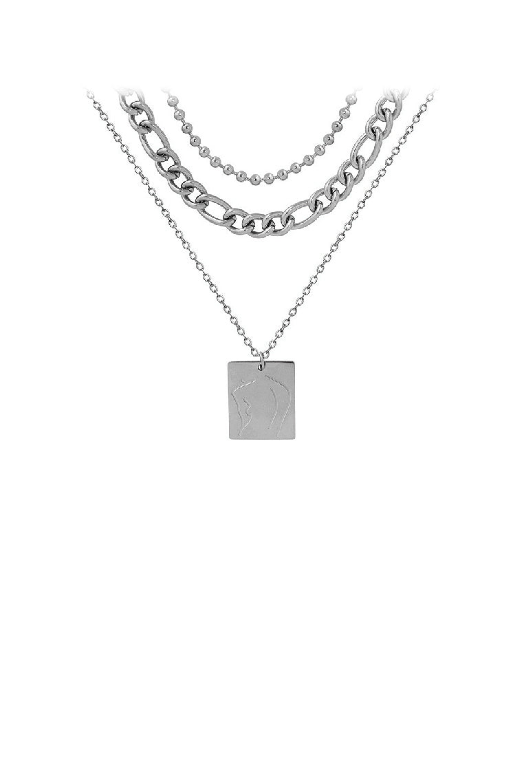 Fashion Temperament 316L Stainless Steel Figure Line Geometric Square Pendant with Three-layer Necklace