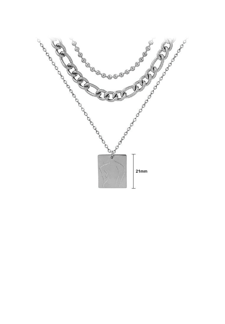 Fashion Temperament 316L Stainless Steel Figure Line Geometric Square Pendant with Three-layer Necklace