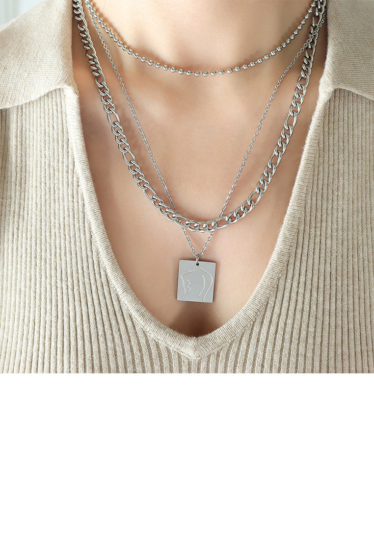Fashion Temperament 316L Stainless Steel Figure Line Geometric Square Pendant with Three-layer Necklace