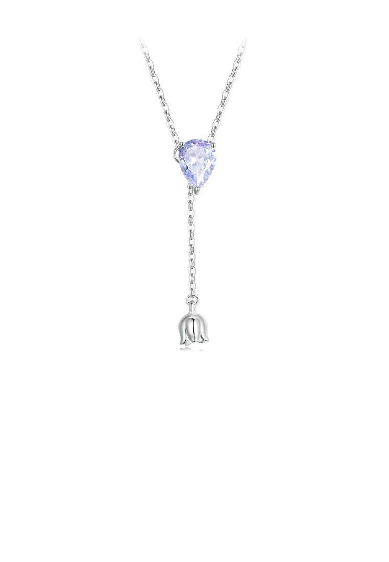 925 Sterling Silver Elegant Lily Of The Valley Tassel Water Drop Pendant with Cubic Zirconia and Necklace - Luxurious Look