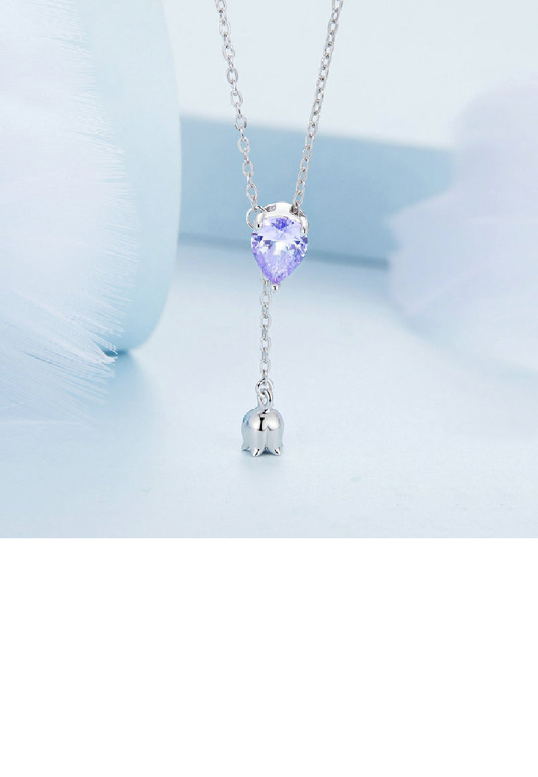925 Sterling Silver Elegant Lily Of The Valley Tassel Water Drop Pendant with Cubic Zirconia and Necklace - Luxurious Look