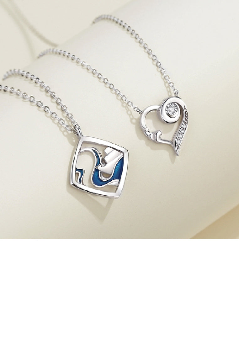 925 Sterling Silver Creative Romantic Sea Wave Hollow Heart Pendant with Cubic Zirconia and Necklace - Luxurious Look