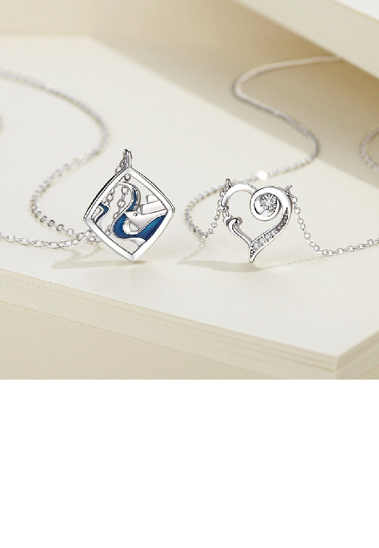 925 Sterling Silver Creative Romantic Sea Wave Hollow Heart Pendant with Cubic Zirconia and Necklace - Luxurious Look