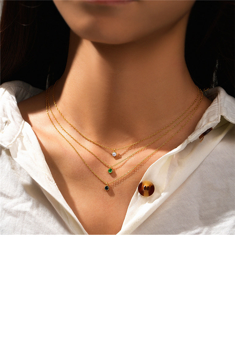 925 Sterling Silver Plated Gold Simple and Fashion Geometric Round White Cubic Zirconia Pendant with Necklace - Luxurious Look