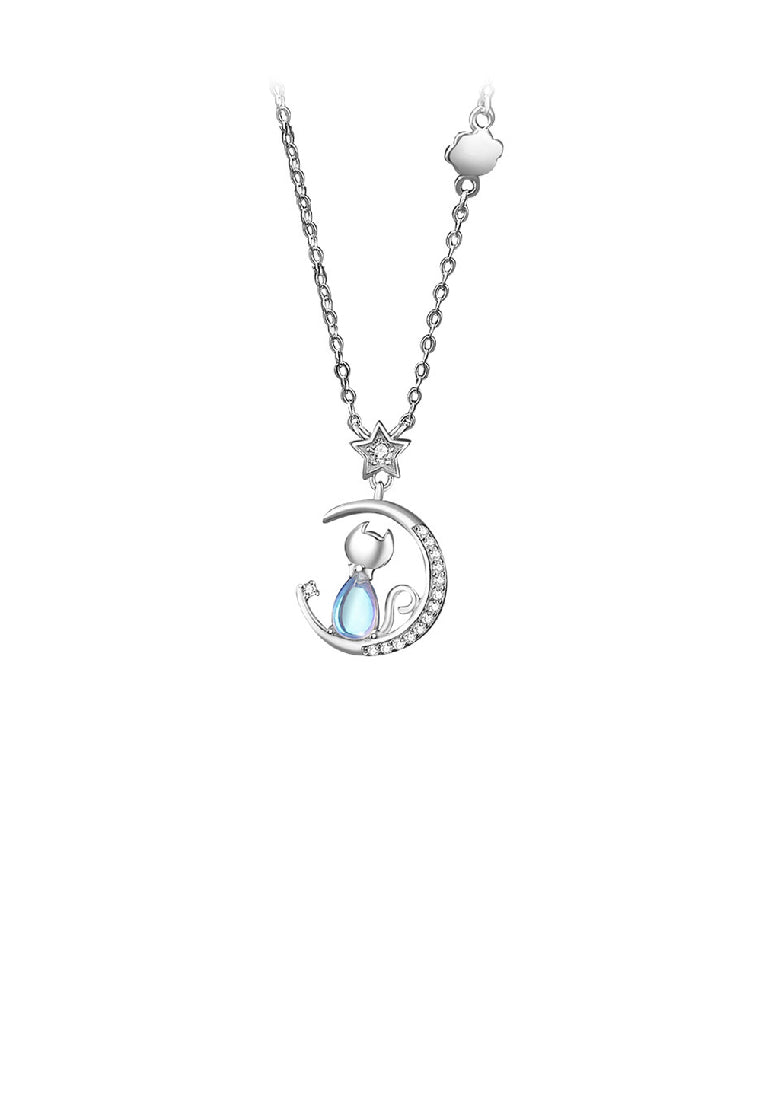 925 Sterling Silver Simple and Cute Star Moon Cat Moonstone Pendant with Cubic Zirconia and Necklace - Luxurious Look