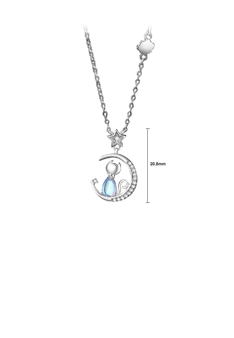 925 Sterling Silver Simple and Cute Star Moon Cat Moonstone Pendant with Cubic Zirconia and Necklace - Luxurious Look