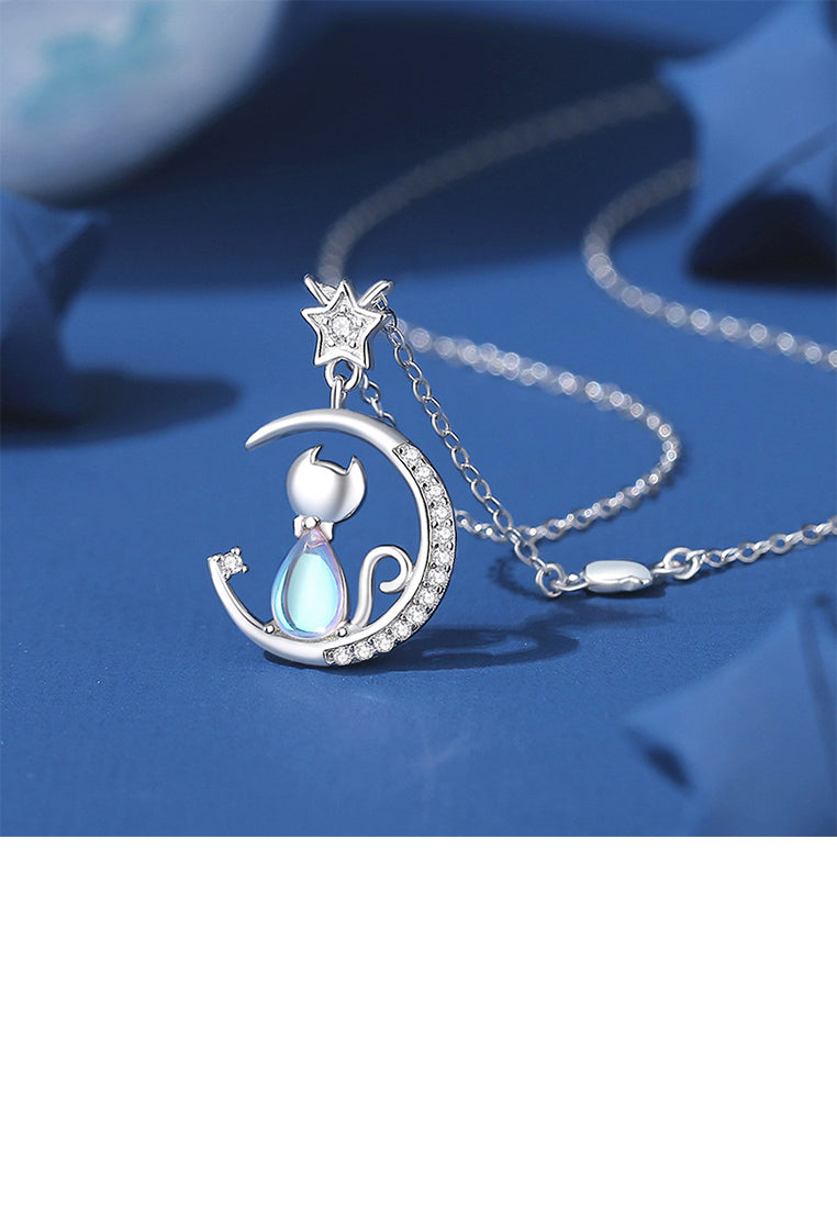 925 Sterling Silver Simple and Cute Star Moon Cat Moonstone Pendant with Cubic Zirconia and Necklace - Luxurious Look