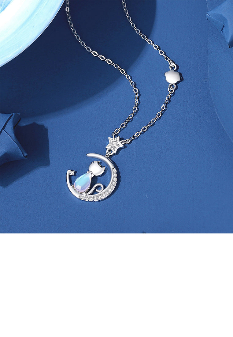 925 Sterling Silver Simple and Cute Star Moon Cat Moonstone Pendant with Cubic Zirconia and Necklace - Luxurious Look