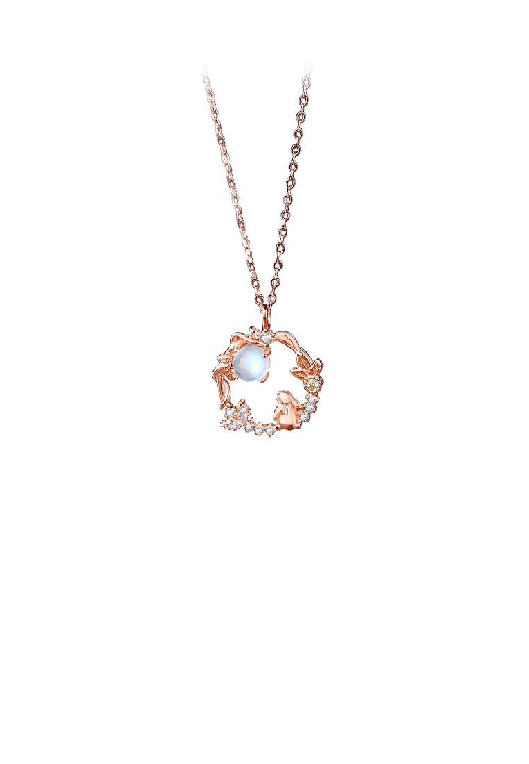 925 Sterling Silver Plated Rose Gold Fashion Cute Rabbit Moonstone Geometric Pendant with Cubic Zirconia and Necklace - Luxurious Look