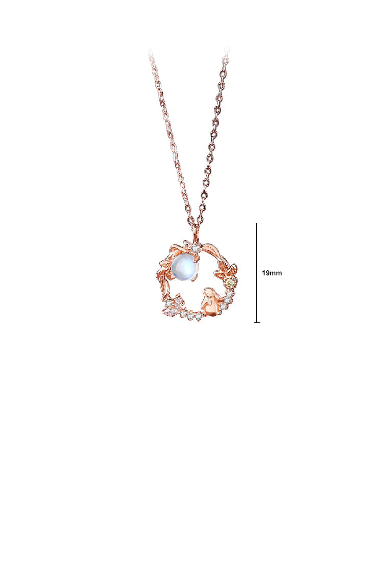 925 Sterling Silver Plated Rose Gold Fashion Cute Rabbit Moonstone Geometric Pendant with Cubic Zirconia and Necklace - Luxurious Look