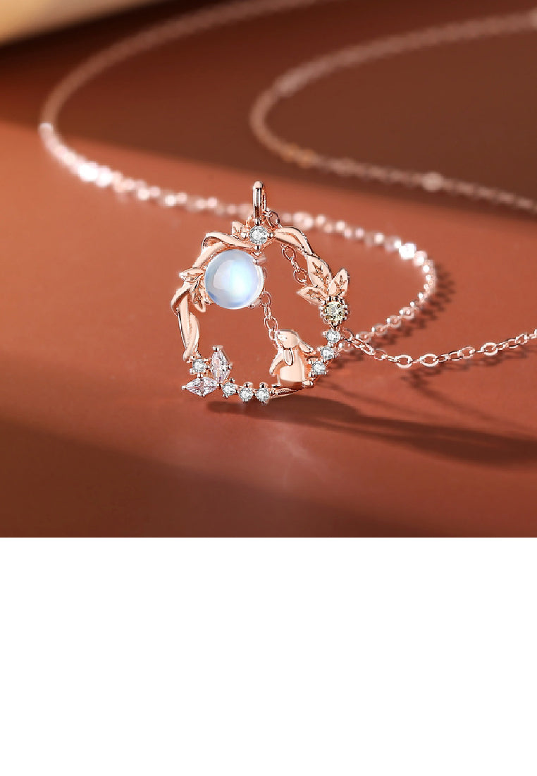 925 Sterling Silver Plated Rose Gold Fashion Cute Rabbit Moonstone Geometric Pendant with Cubic Zirconia and Necklace - Luxurious Look
