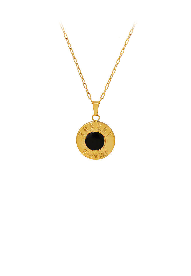Simple and Elegant Plated Gold 316L Stainless Steel English Alphabet Geometric Round Pendant with Black Cats Eye and Necklace