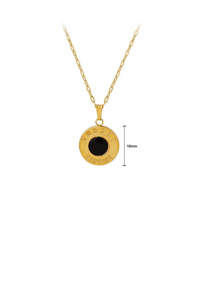Simple and Elegant Plated Gold 316L Stainless Steel English Alphabet Geometric Round Pendant with Black Cats Eye and Necklace