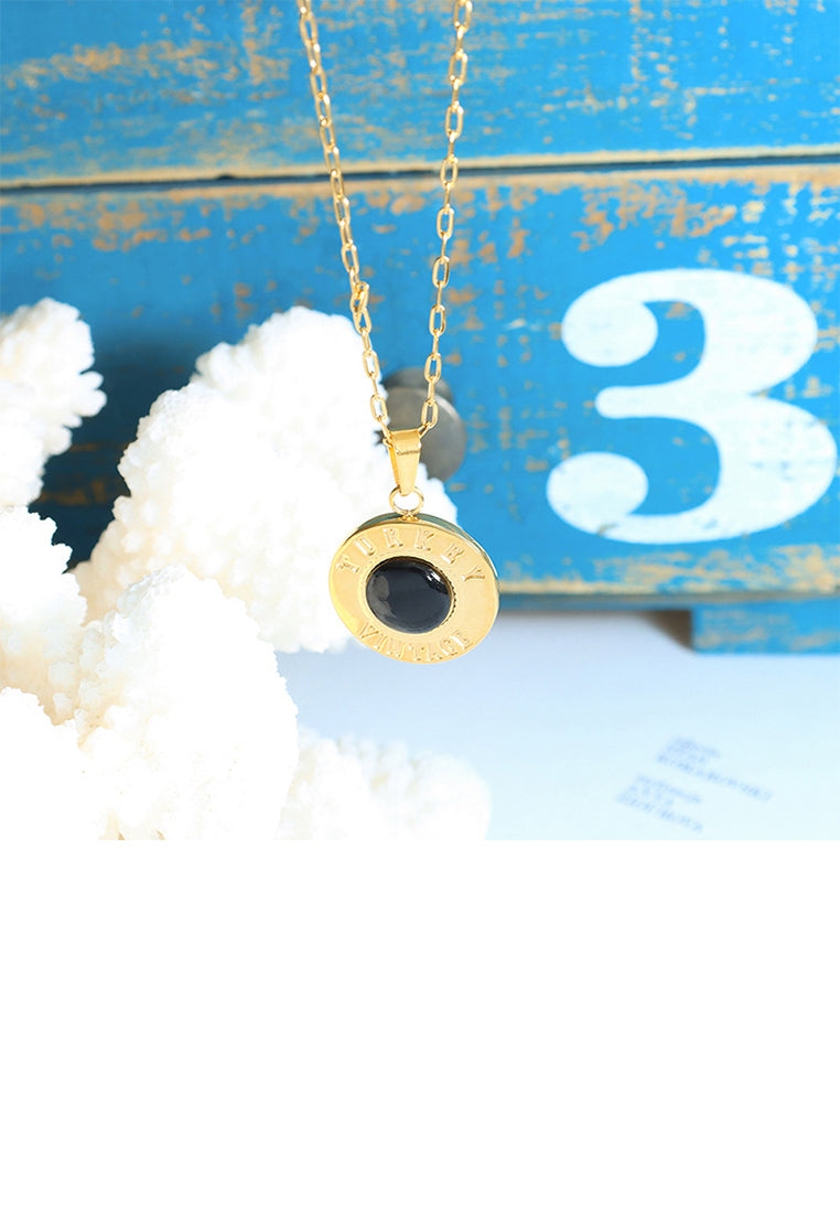 Simple and Elegant Plated Gold 316L Stainless Steel English Alphabet Geometric Round Pendant with Black Cats Eye and Necklace