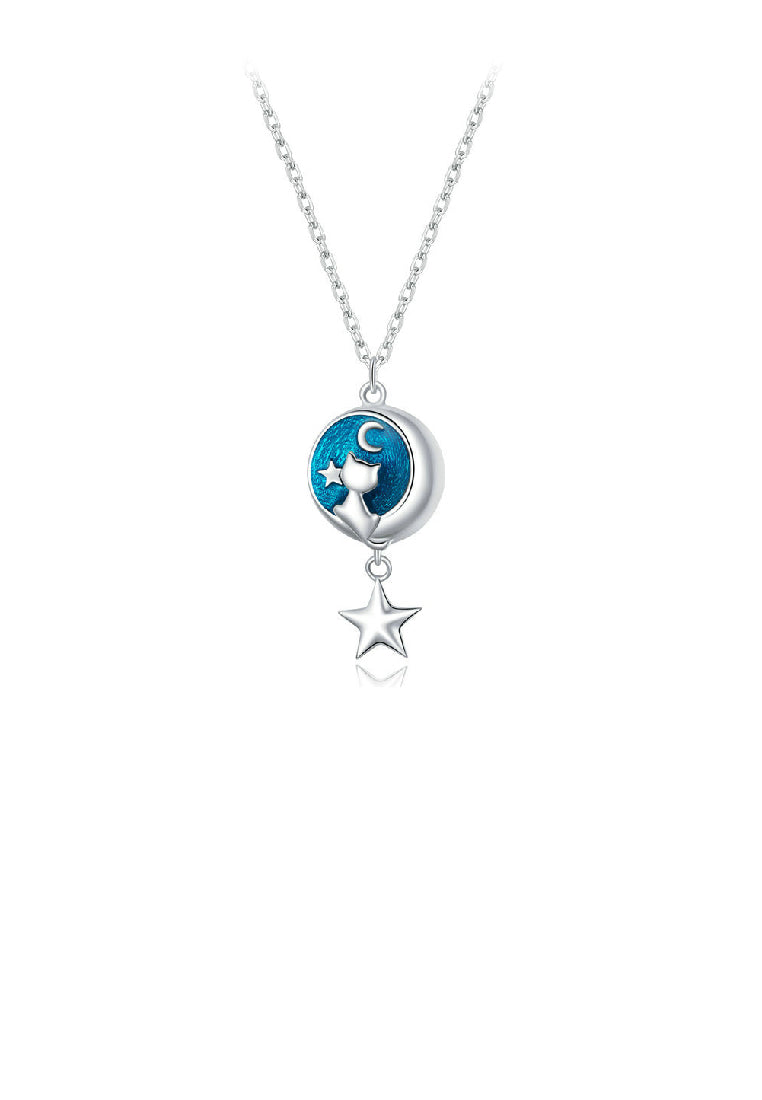 925 Sterling Silver Fashion Fashion Temperament Moon Star Cat Blue Enamel Pendant with Necklace