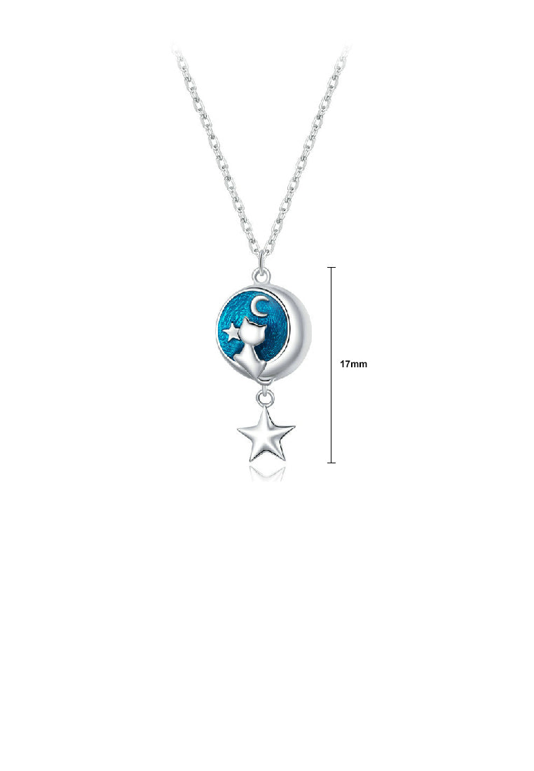 925 Sterling Silver Fashion Fashion Temperament Moon Star Cat Blue Enamel Pendant with Necklace