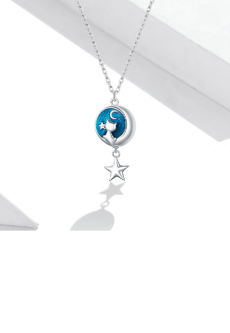 925 Sterling Silver Fashion Fashion Temperament Moon Star Cat Blue Enamel Pendant with Necklace