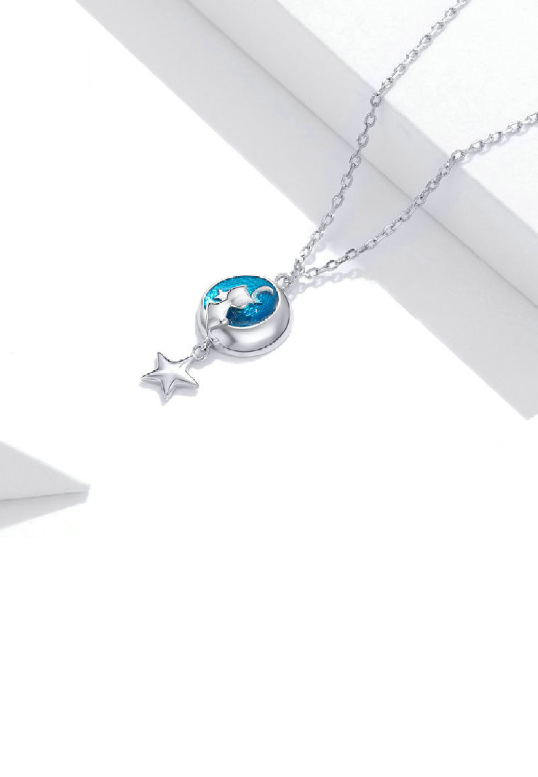 925 Sterling Silver Fashion Fashion Temperament Moon Star Cat Blue Enamel Pendant with Necklace