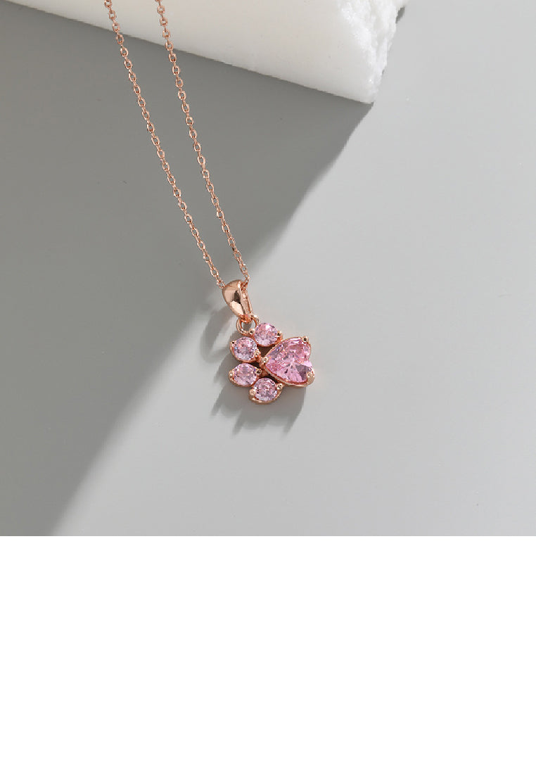 925 Sterling Silver Plated Rose Gold Simple Cute Dog Claw Pendant with Pink Cubic Zirconia and Necklace - Luxurious Look - Vibrant Color