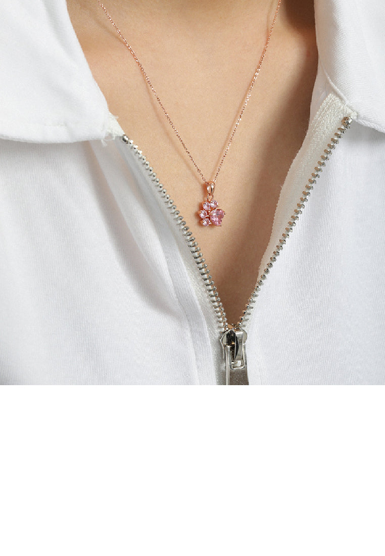 925 Sterling Silver Plated Rose Gold Simple Cute Dog Claw Pendant with Pink Cubic Zirconia and Necklace - Luxurious Look - Vibrant Color