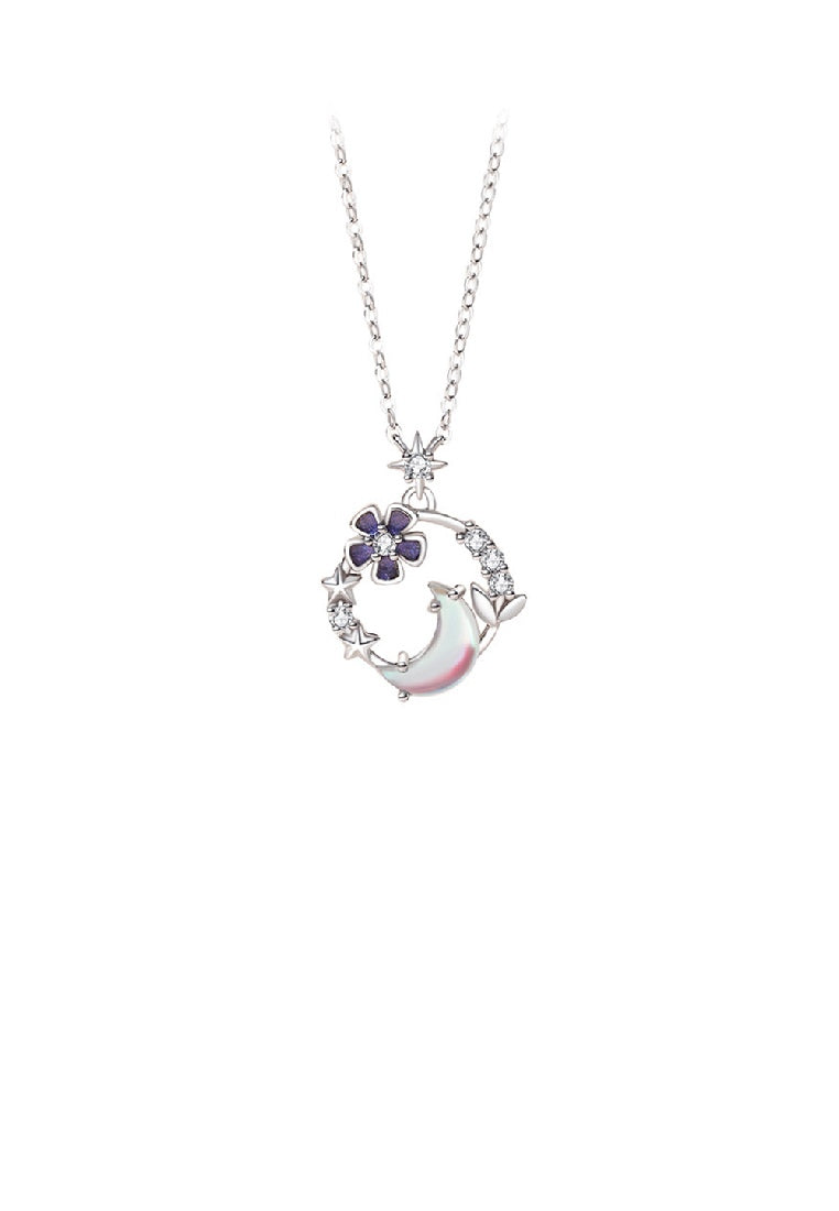 925 Sterling Silver Fashion Lovely Flower Moon Geometric Pendant with Cubic Zirconia and Necklace - Luxurious Look