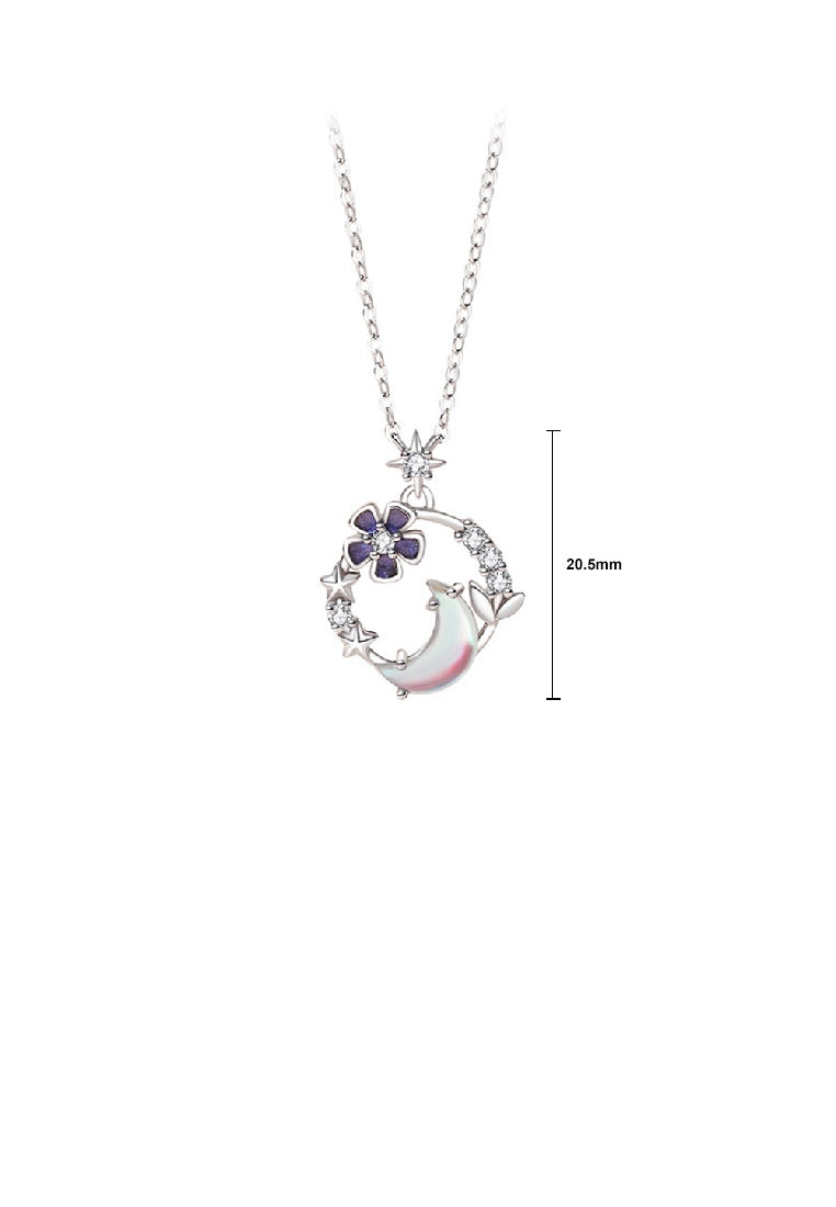 925 Sterling Silver Fashion Lovely Flower Moon Geometric Pendant with Cubic Zirconia and Necklace - Luxurious Look