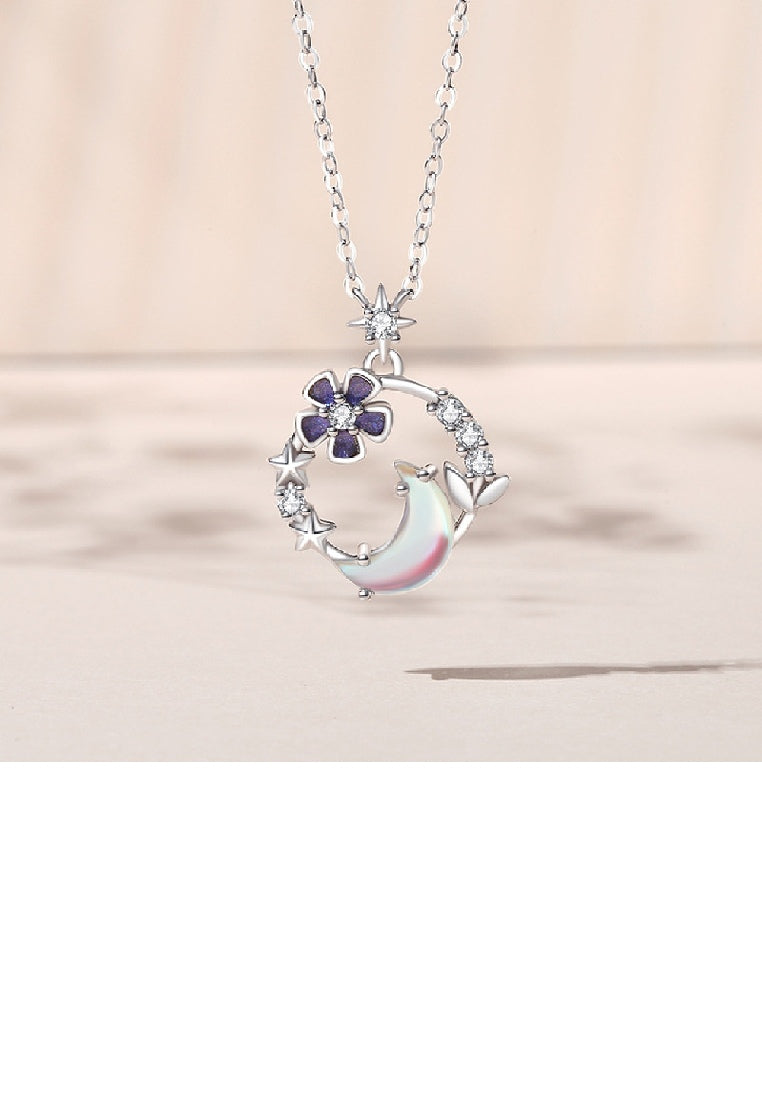 925 Sterling Silver Fashion Lovely Flower Moon Geometric Pendant with Cubic Zirconia and Necklace - Luxurious Look