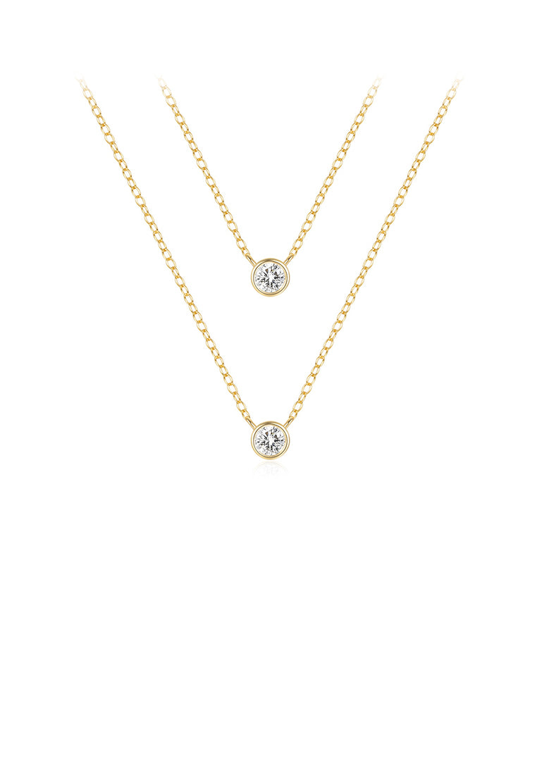 925 Sterling Silver Plated Gold Simple and Fashion Geometric Round Pendant with Cubic Zirconia and Double Layer Necklace - Luxurious Look
