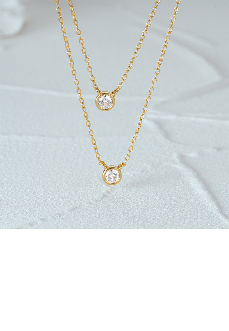 925 Sterling Silver Plated Gold Simple and Fashion Geometric Round Pendant with Cubic Zirconia and Double Layer Necklace - Luxurious Look