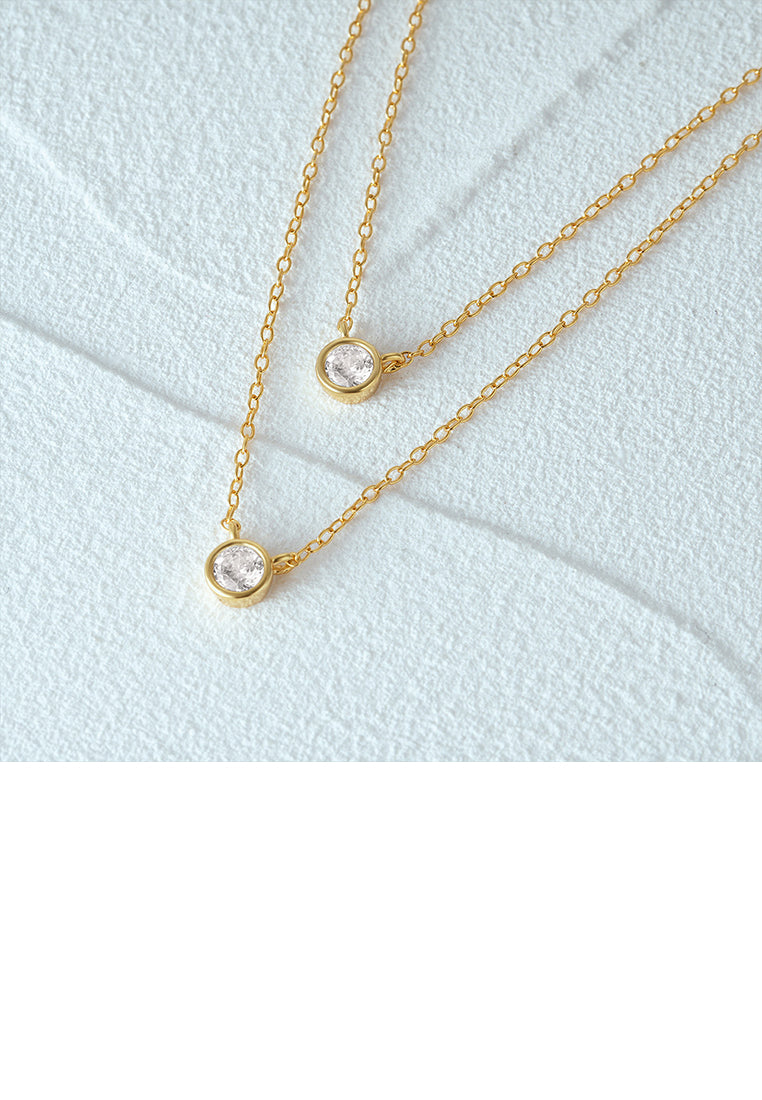 925 Sterling Silver Plated Gold Simple and Fashion Geometric Round Pendant with Cubic Zirconia and Double Layer Necklace - Luxurious Look