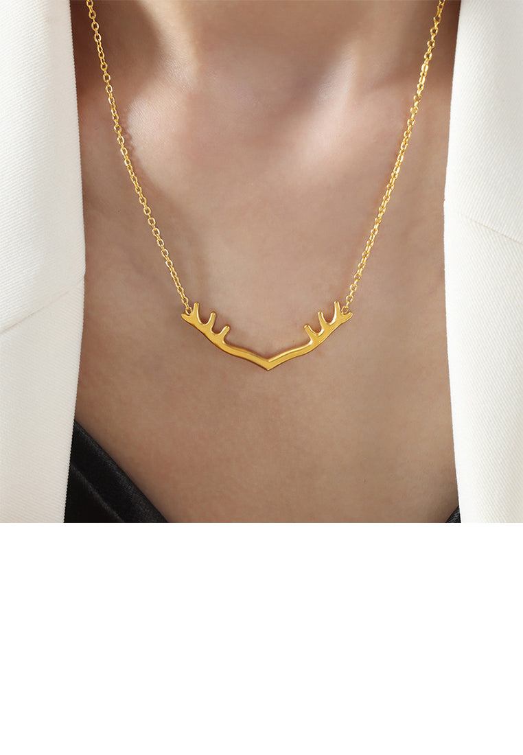 Simple and Cute Plated Gold 316L Stainless Steel Antler Pendant with Necklace