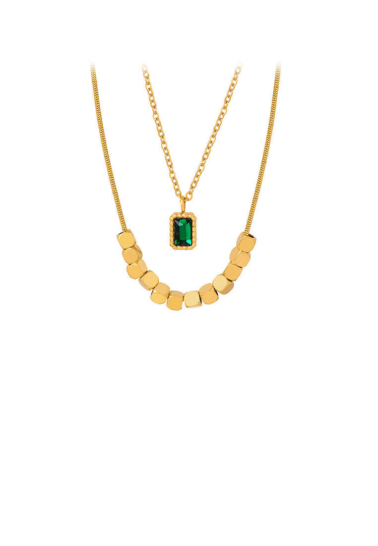 Fashion and Simple Plated Gold 316L Stainless Steel Geometric Square Pendant with Green Cubic Zirconia and Double Layer Necklace - Luxurious Look