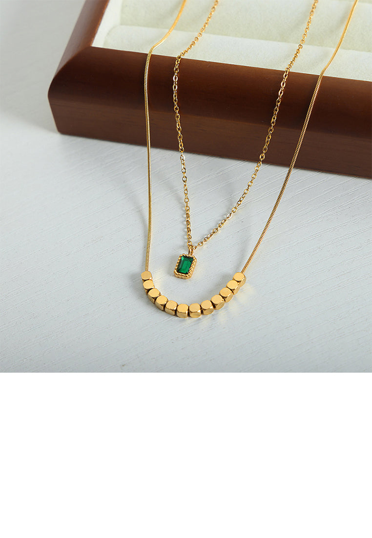 Fashion and Simple Plated Gold 316L Stainless Steel Geometric Square Pendant with Green Cubic Zirconia and Double Layer Necklace - Luxurious Look