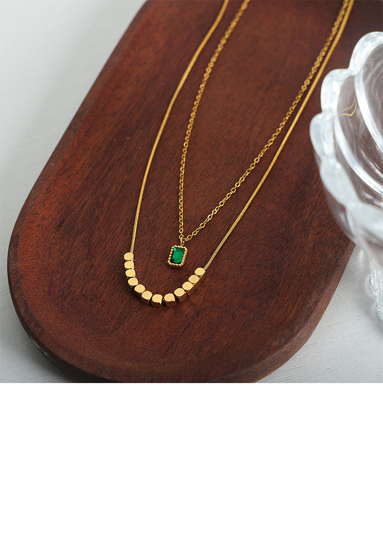 Fashion and Simple Plated Gold 316L Stainless Steel Geometric Square Pendant with Green Cubic Zirconia and Double Layer Necklace - Luxurious Look