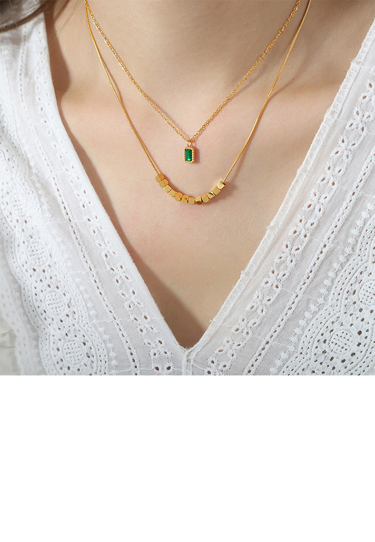 Fashion and Simple Plated Gold 316L Stainless Steel Geometric Square Pendant with Green Cubic Zirconia and Double Layer Necklace - Luxurious Look