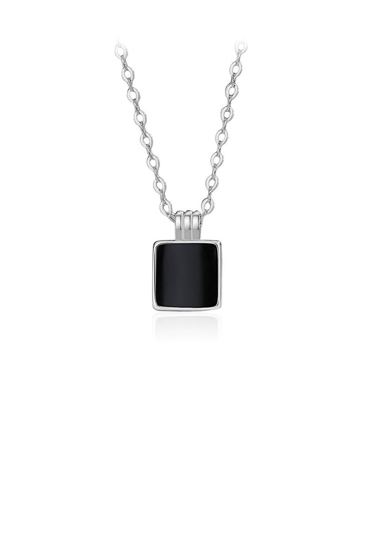 925 Sterling Silver Simple and Fashion Enamel Black Square Geometric Pendant with Necklace
