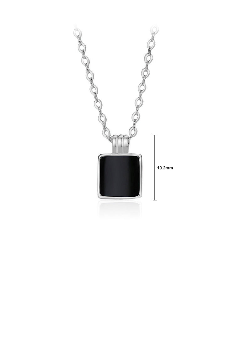 925 Sterling Silver Simple and Fashion Enamel Black Square Geometric Pendant with Necklace