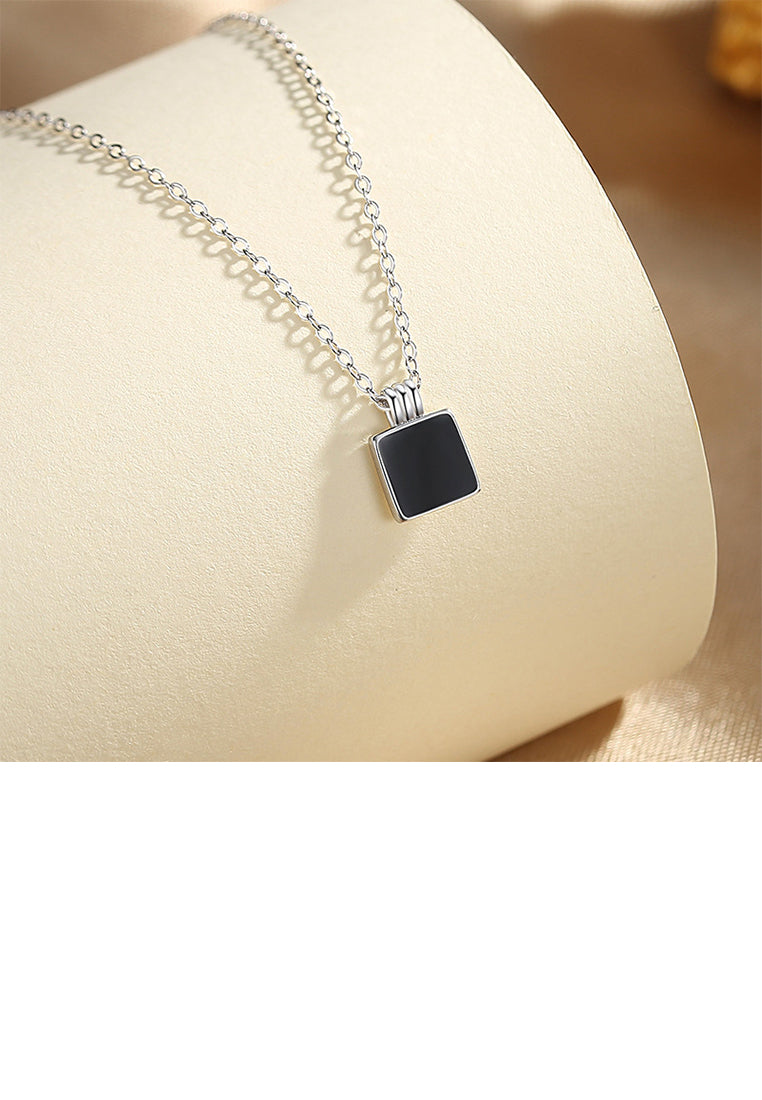 925 Sterling Silver Simple and Fashion Enamel Black Square Geometric Pendant with Necklace