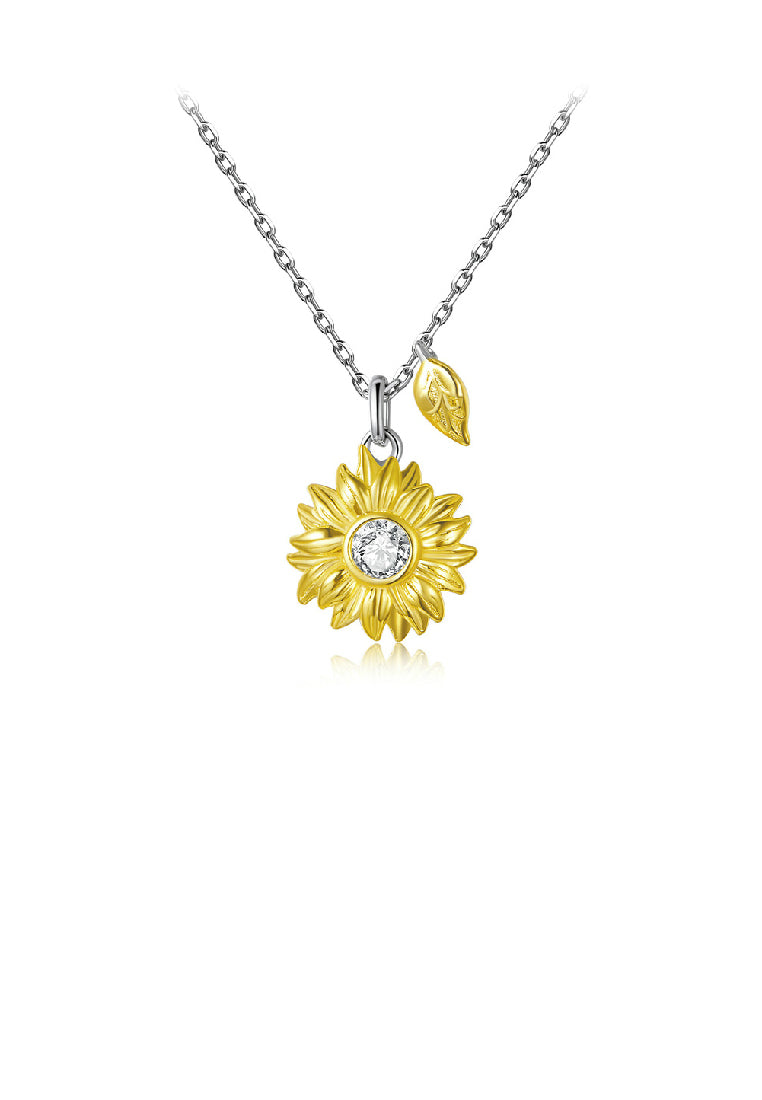 925 Sterling Silver Fashion Elegant Gold Sunflower Pendant with Cubic Zirconia and Necklace - Luxurious Look
