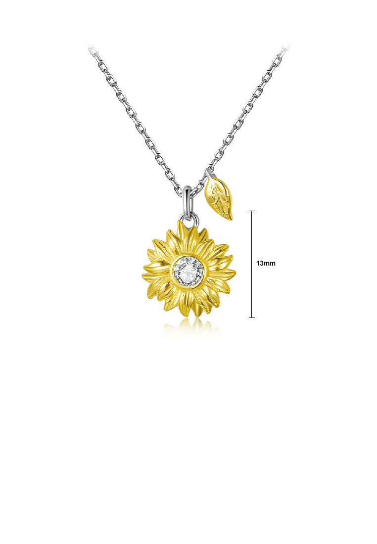 925 Sterling Silver Fashion Elegant Gold Sunflower Pendant with Cubic Zirconia and Necklace - Luxurious Look