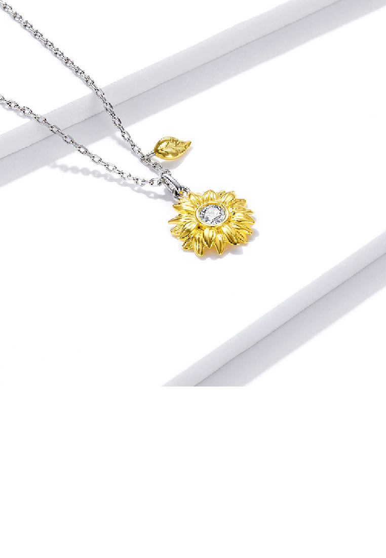 925 Sterling Silver Fashion Elegant Gold Sunflower Pendant with Cubic Zirconia and Necklace - Luxurious Look