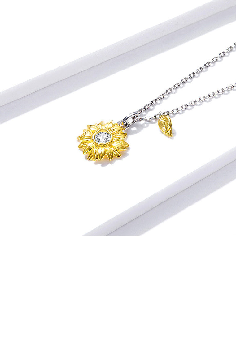 925 Sterling Silver Fashion Elegant Gold Sunflower Pendant with Cubic Zirconia and Necklace - Luxurious Look