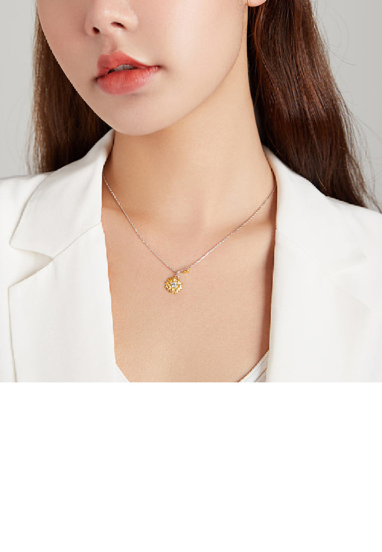 925 Sterling Silver Fashion Elegant Gold Sunflower Pendant with Cubic Zirconia and Necklace - Luxurious Look