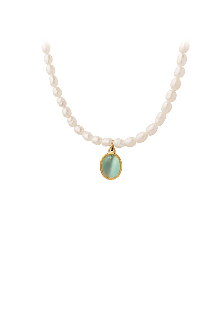 Fashion Elegant Plated Gold 316L Stainless Steel Geometric Oval Opal Pendant with Imitation Pearl Necklace - Luxurious Look