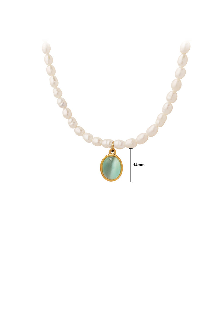 Fashion Elegant Plated Gold 316L Stainless Steel Geometric Oval Opal Pendant with Imitation Pearl Necklace - Luxurious Look